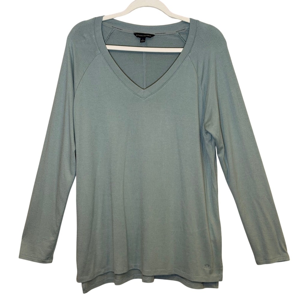 Banana Republic Casual Green Tunic Top Long Sleeve V Neck‎ Sweatshirt Knit